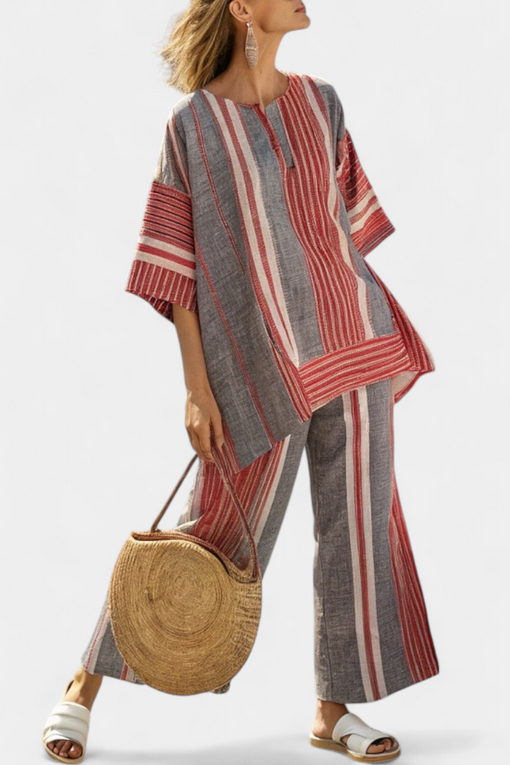Bravine | Elegant Coral-Gray Top & Wide-Leg Pants