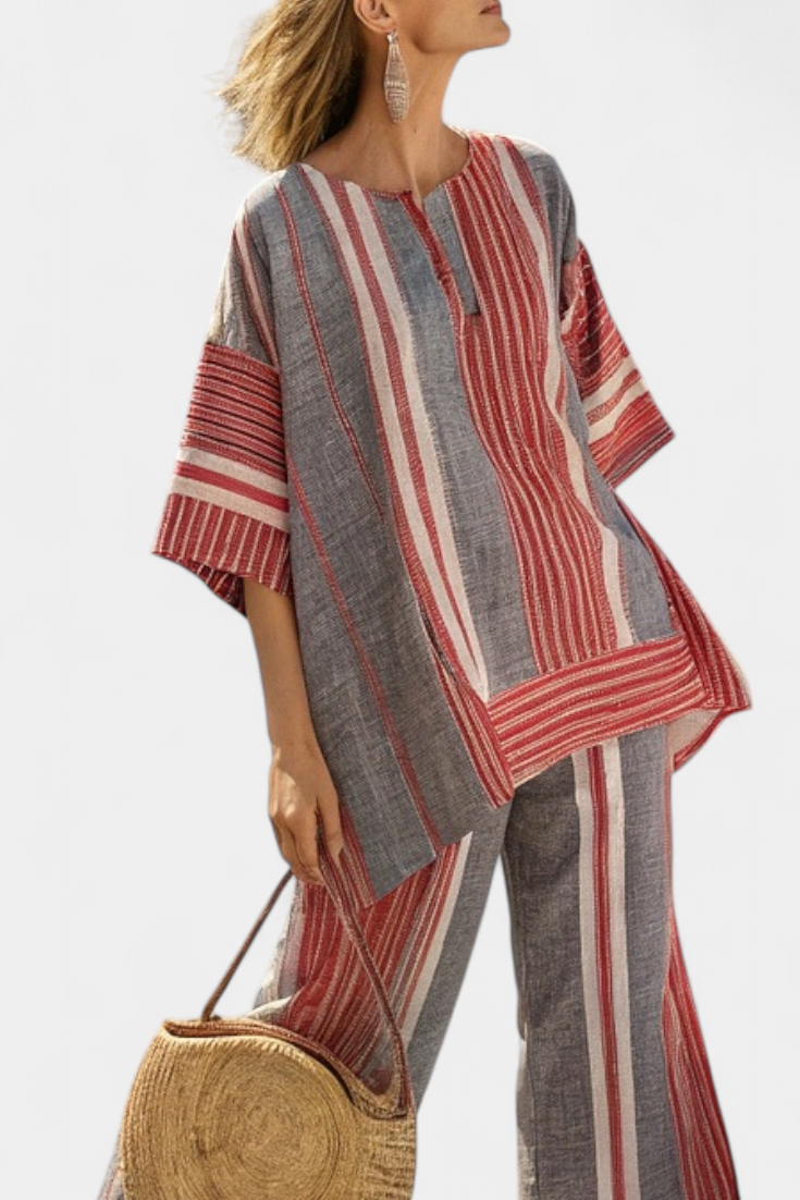 Bravine | Elegant Coral-Gray Top & Wide-Leg Pants