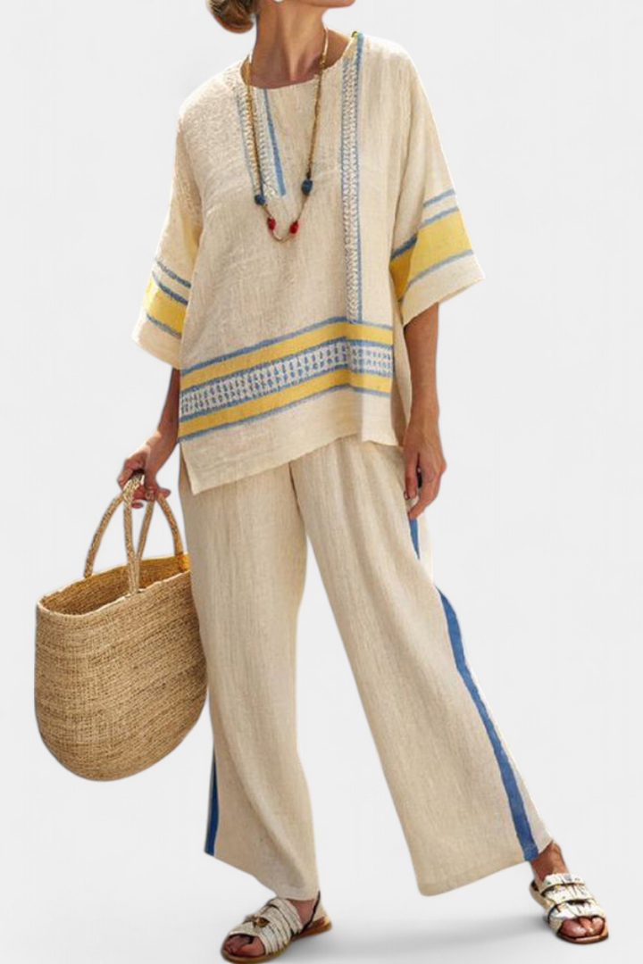 Jaxmere | Comfortable Blue-Yellow Mediterranean Top & Pants
